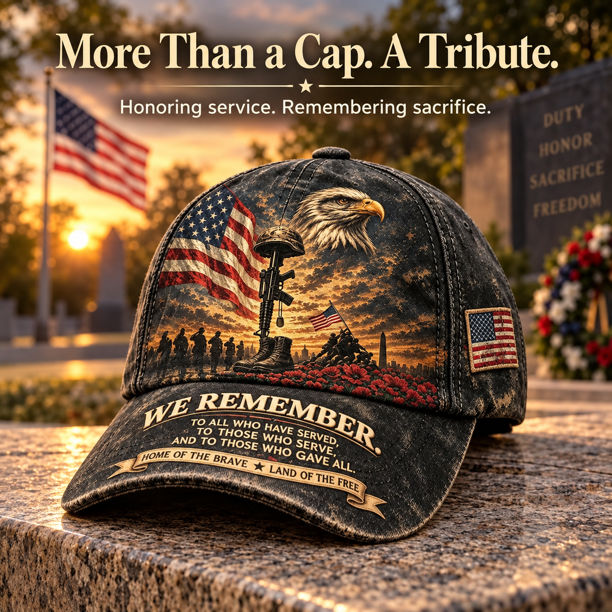 🦅 "We Remember" Vintage Patriotic Cap – Bald Eagle & Battlefield Cross Tribute Hat ✨