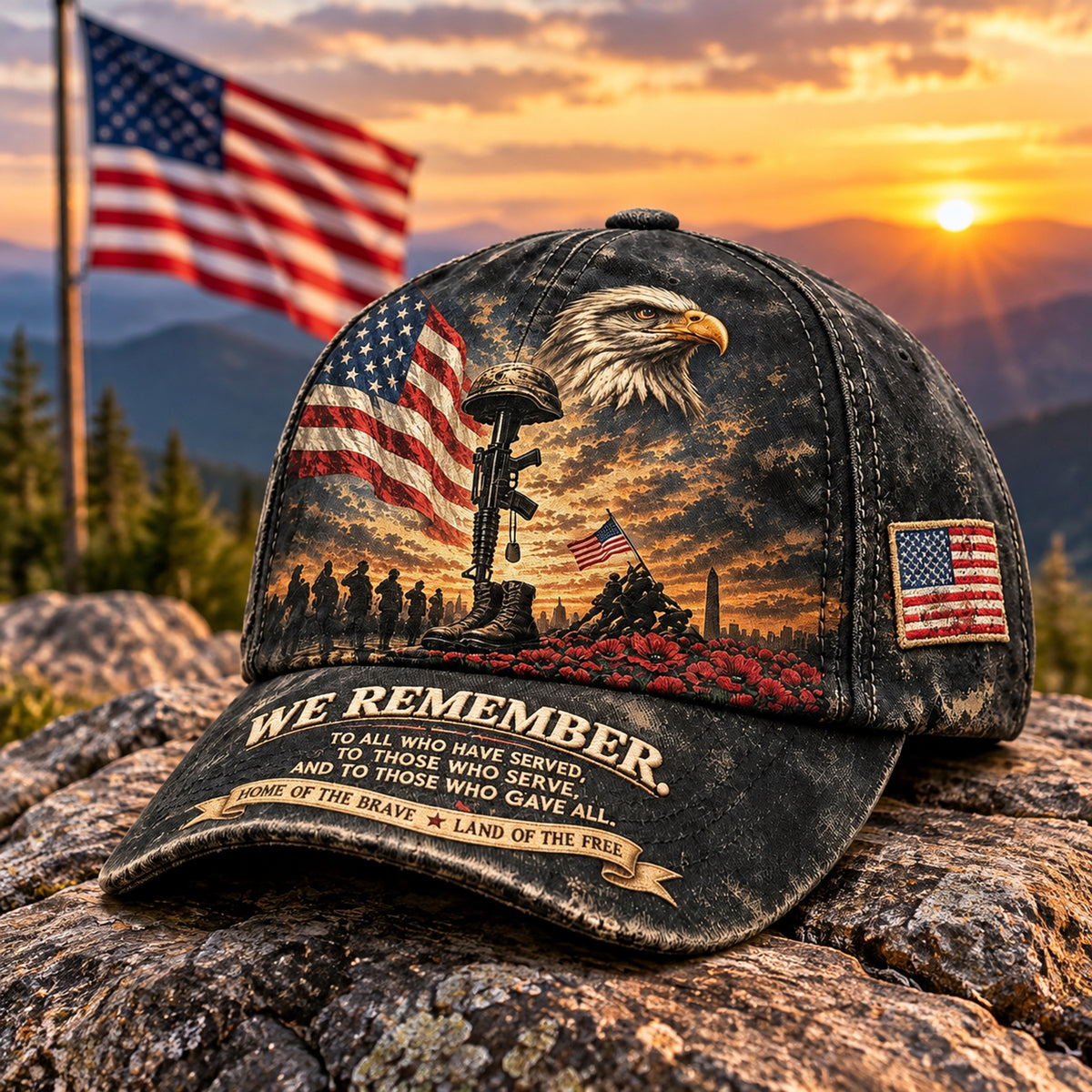 🦅 "We Remember" Vintage Patriotic Cap – Bald Eagle & Battlefield Cross Tribute Hat ✨