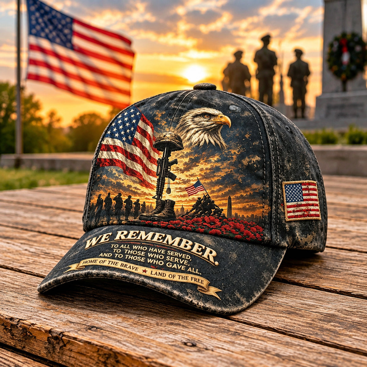 🦅 "We Remember" Vintage Patriotic Cap – Bald Eagle & Battlefield Cross Tribute Hat ✨