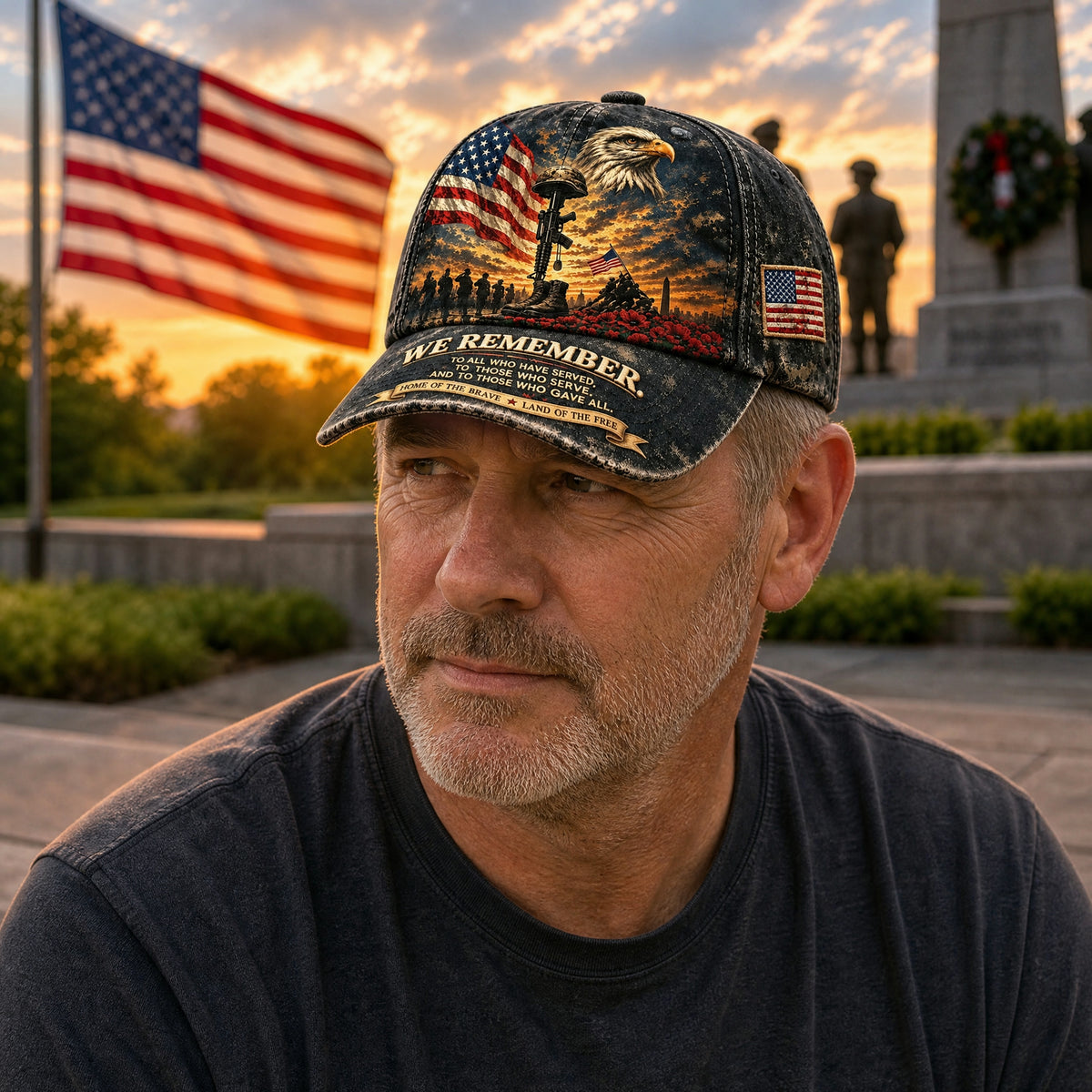 🦅 "We Remember" Vintage Patriotic Cap – Bald Eagle & Battlefield Cross Tribute Hat ✨
