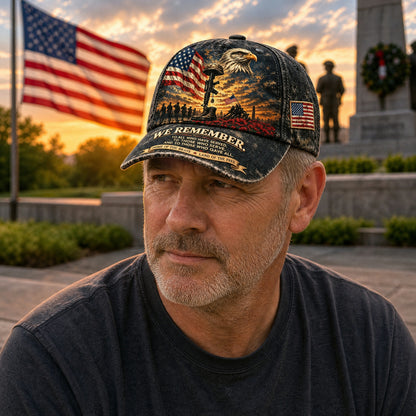 🦅 "We Remember" Vintage Patriotic Cap – Bald Eagle & Battlefield Cross Tribute Hat ✨