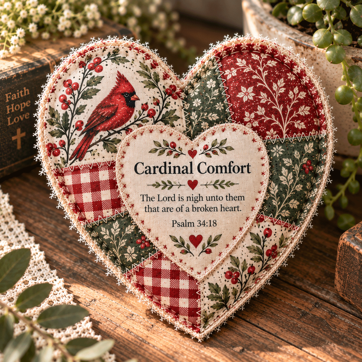 ❤️ Faith & Comfort Patchwork Heart – Scripture-Inspired Keepsake