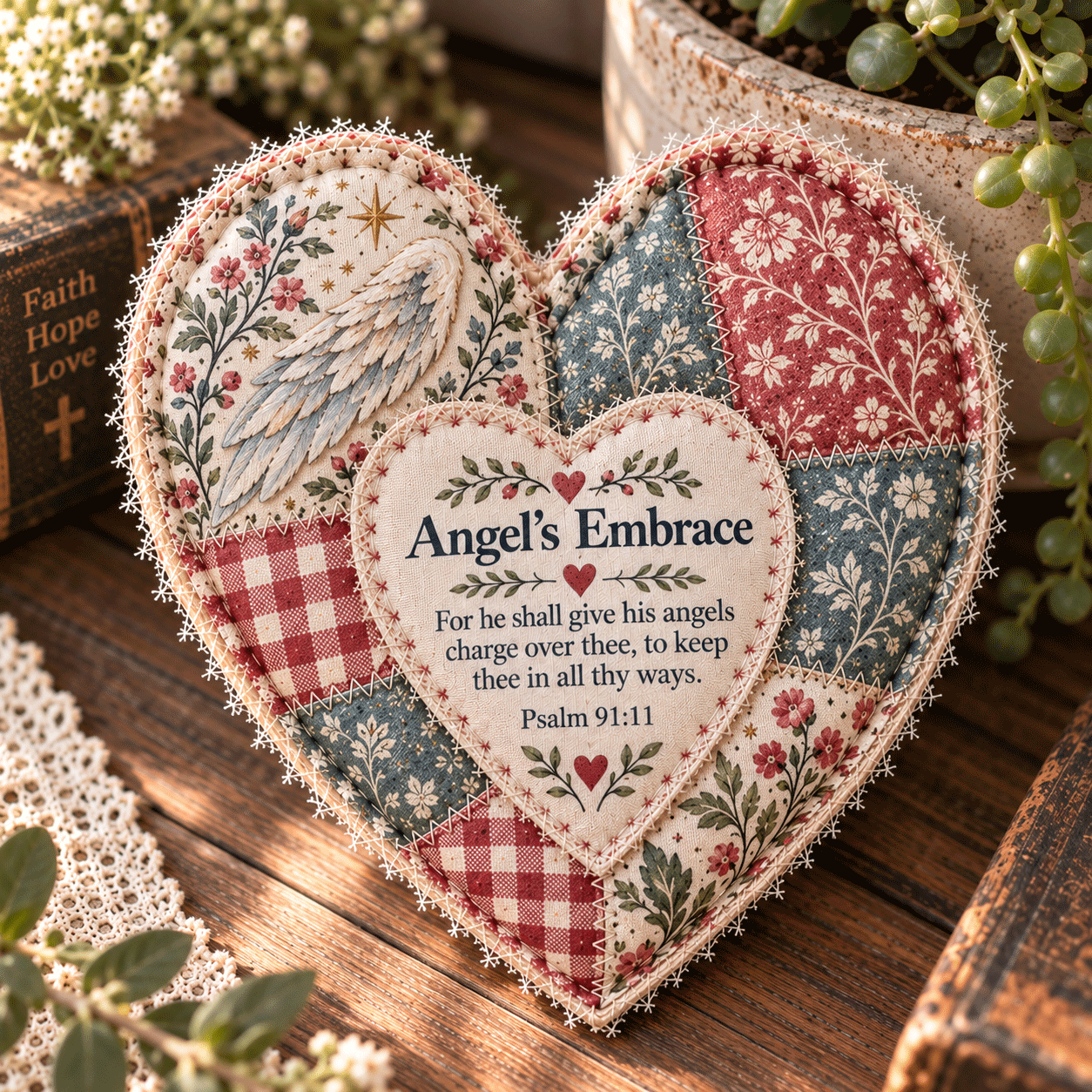 ❤️ Faith & Comfort Patchwork Heart – Scripture-Inspired Keepsake