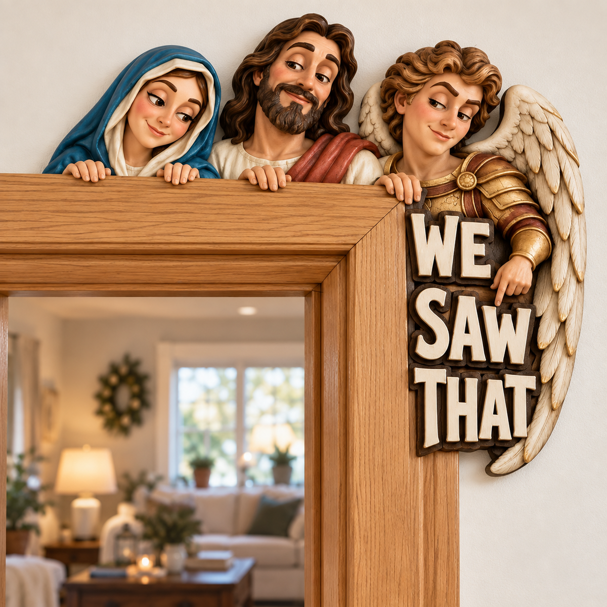 🕊️ "We Saw That" Holy Family Angel Door Frame Decor – Left/Right Peeking Style