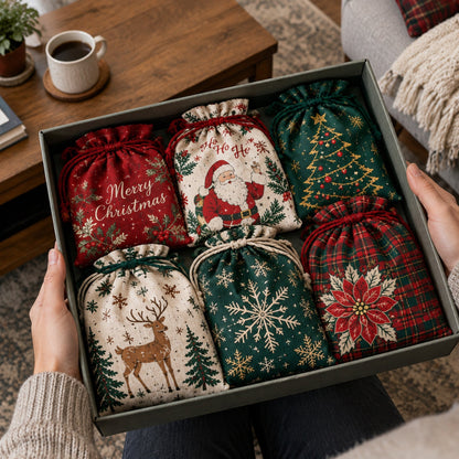 ✨ Christmas Gift Sacks 6pcs, Santa Reindeer Linen Drawstring Pouches