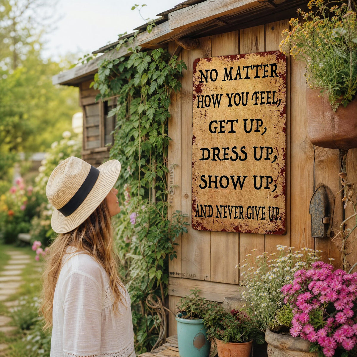 💙 Inspirational Vintage Metal Sign – "Never Give Up" Motivational Wall Decor ✨🏡