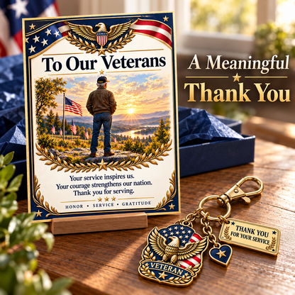 🦅 "Thank You For Your Service" Patriotic Veteran Keychain with Appreciation Card