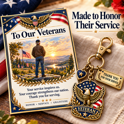 🦅 "Thank You For Your Service" Patriotic Veteran Keychain with Appreciation Card