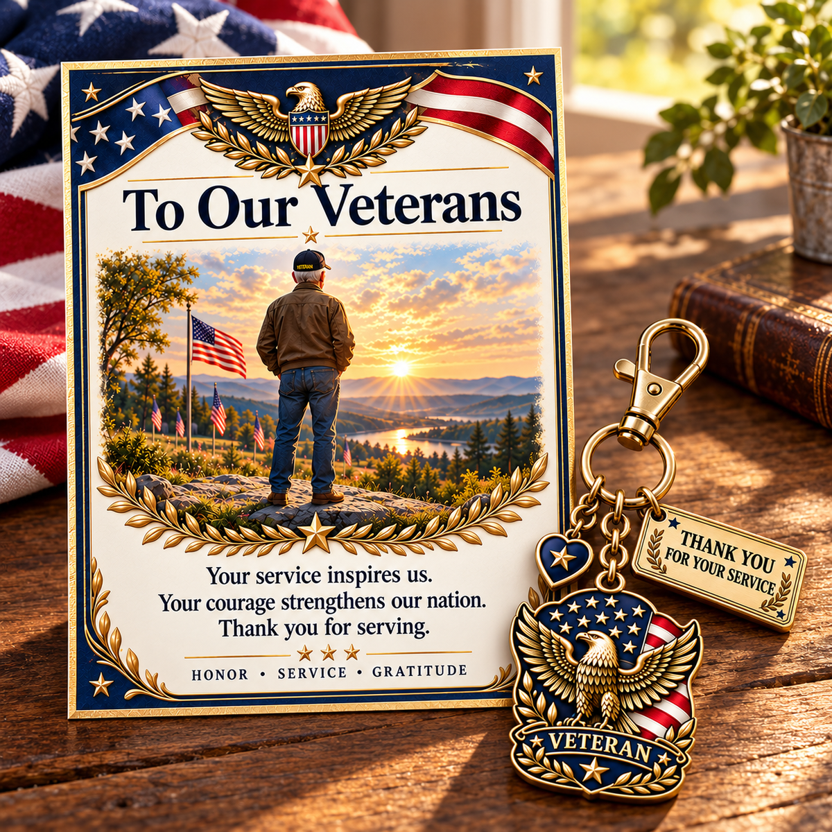 🦅 "Thank You For Your Service" Patriotic Veteran Keychain with Appreciation Card