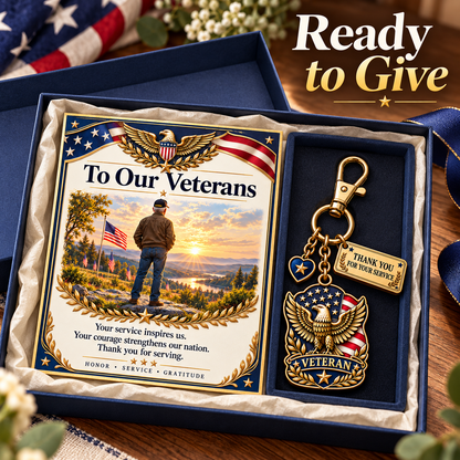 🦅 "Thank You For Your Service" Patriotic Veteran Keychain with Appreciation Card