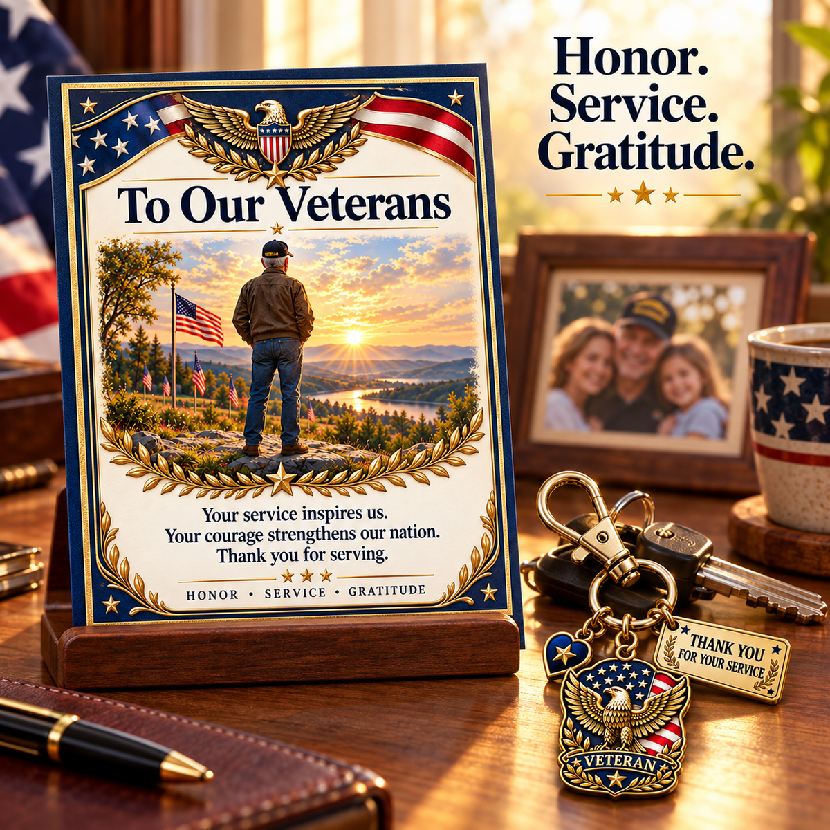 🦅 "Thank You For Your Service" Patriotic Veteran Keychain with Appreciation Card