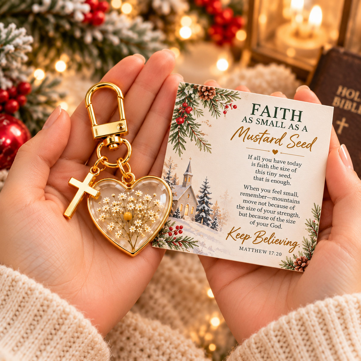 🌱Mustard Seed Faith Heart Keychain