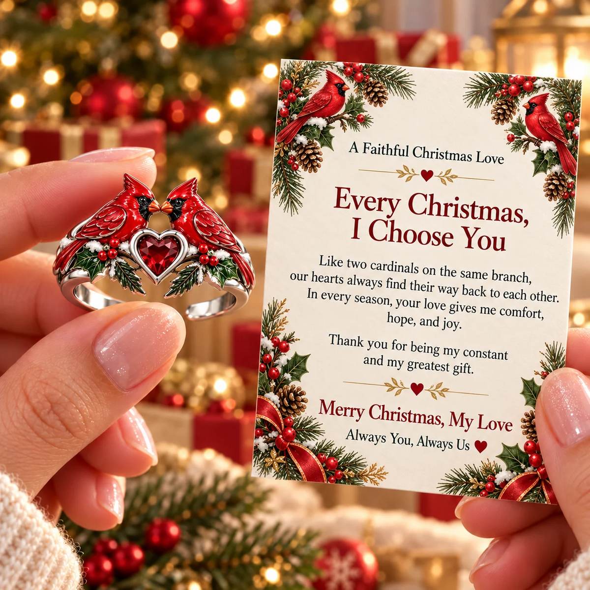 🐦Cardinal Couple Christmas Ring with Message Card