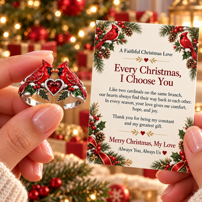 🐦Cardinal Couple Christmas Ring with Message Card