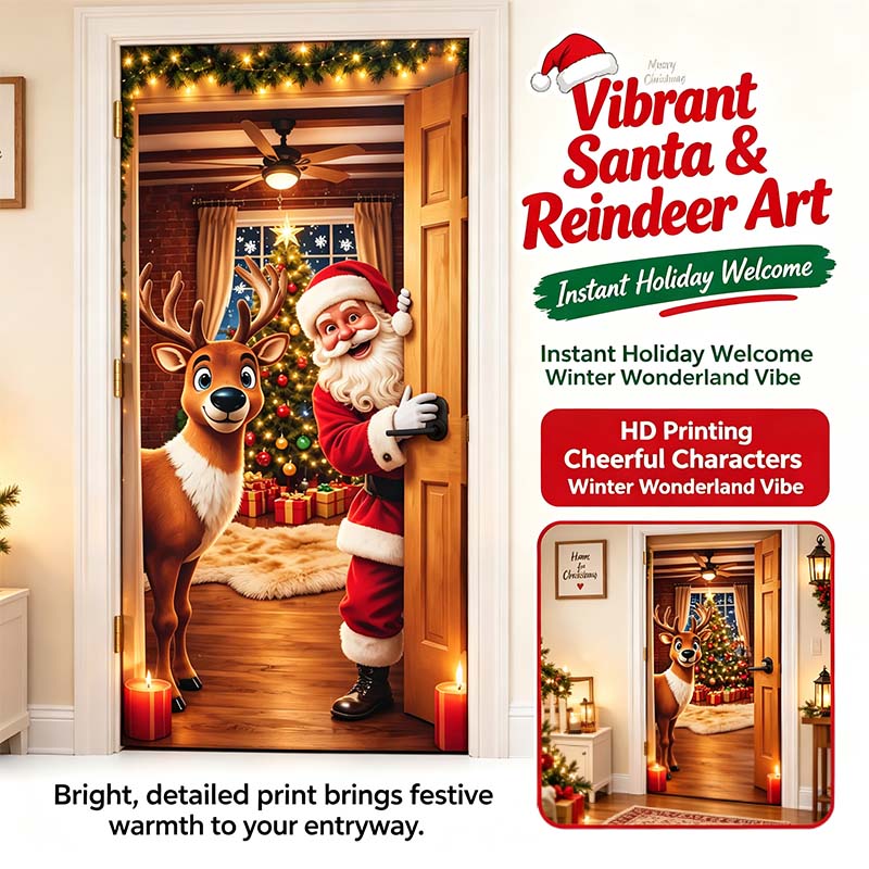 🎅🎄Christmas Door Cover – Santa & Reindeer Holiday Door Decoration