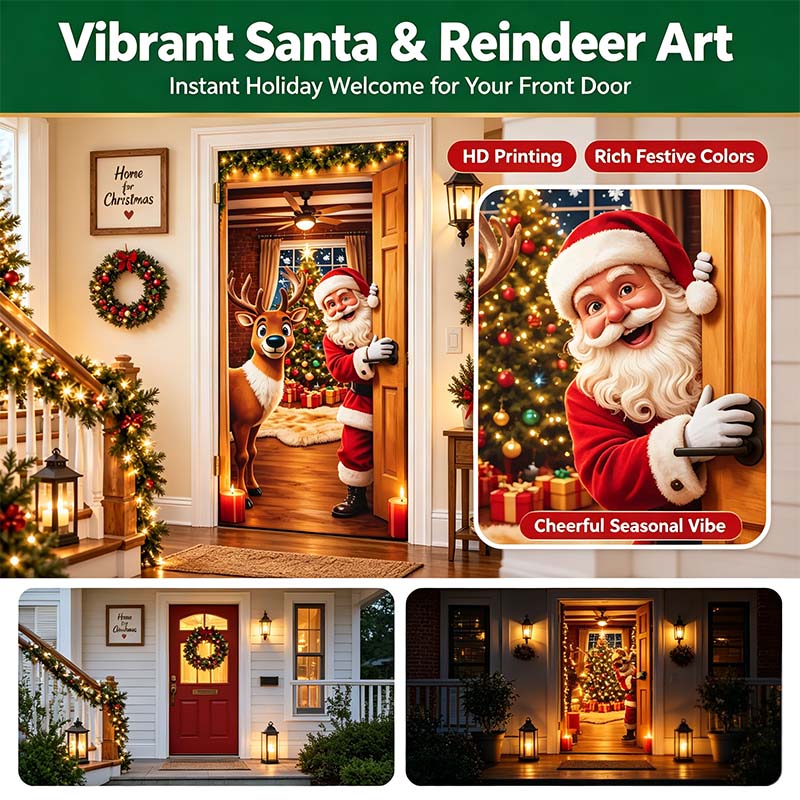 🎅🎄Christmas Door Cover – Santa & Reindeer Holiday Door Decoration
