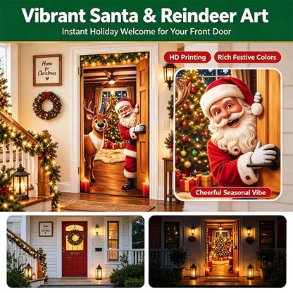 🎅🎄Christmas Door Cover – Santa & Reindeer Holiday Door Decoration