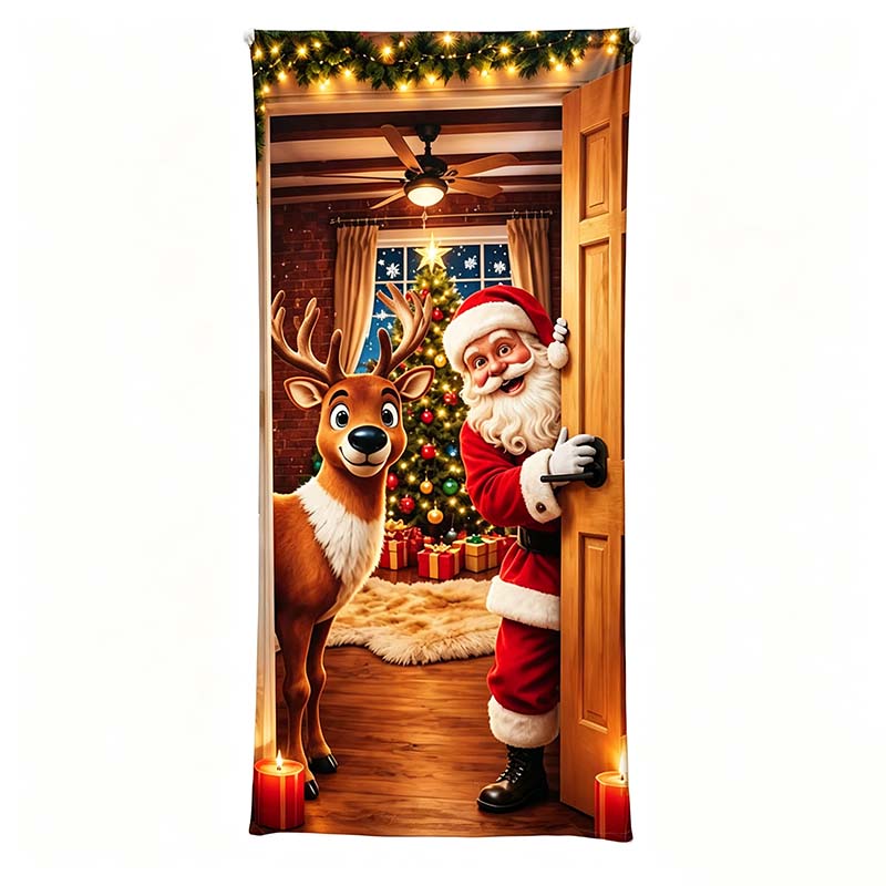 🎅🎄Christmas Door Cover – Santa & Reindeer Holiday Door Decoration