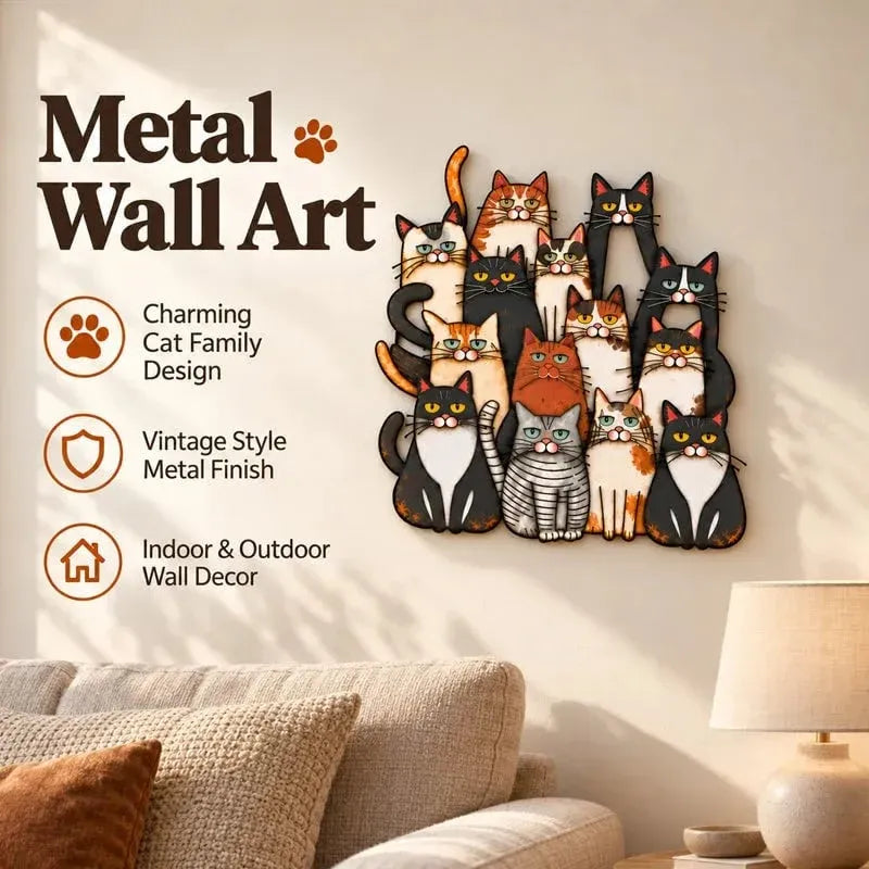 🐾 Whimsical Cat Family Metal Wall Art