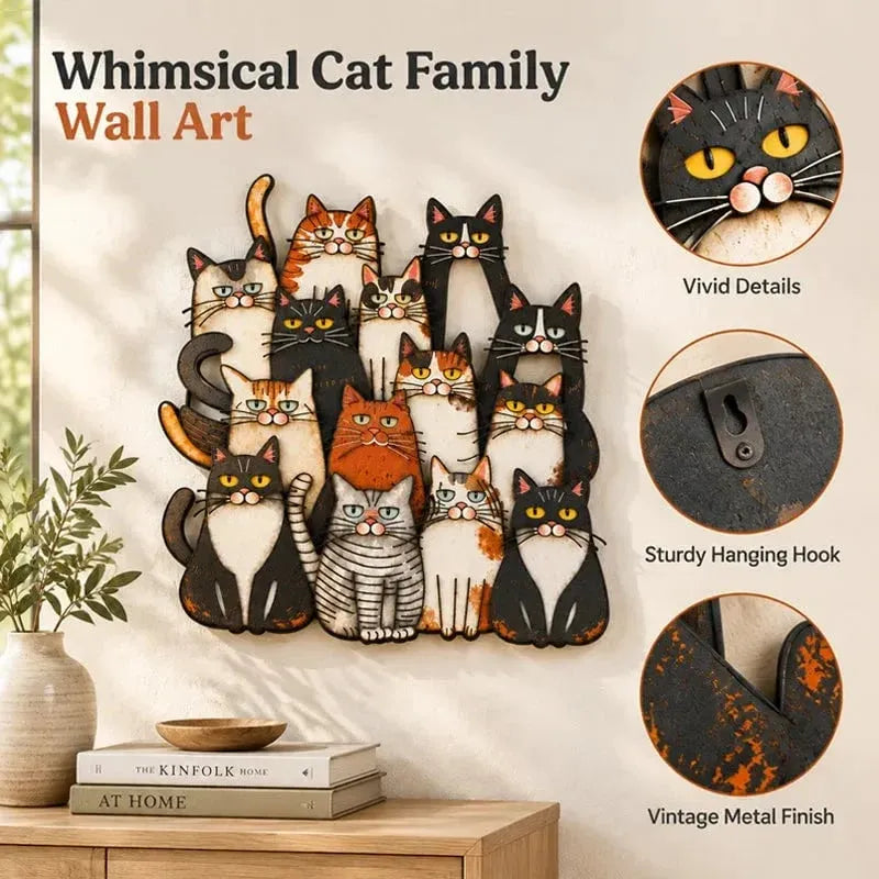 🐾 Whimsical Cat Family Metal Wall Art