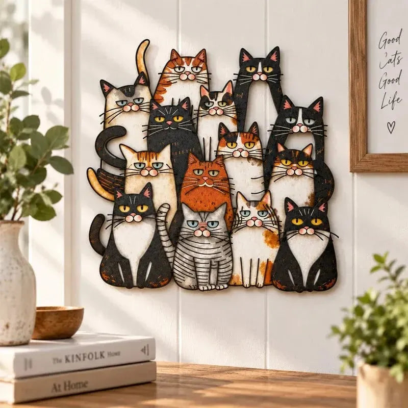 🐾 Whimsical Cat Family Metal Wall Art