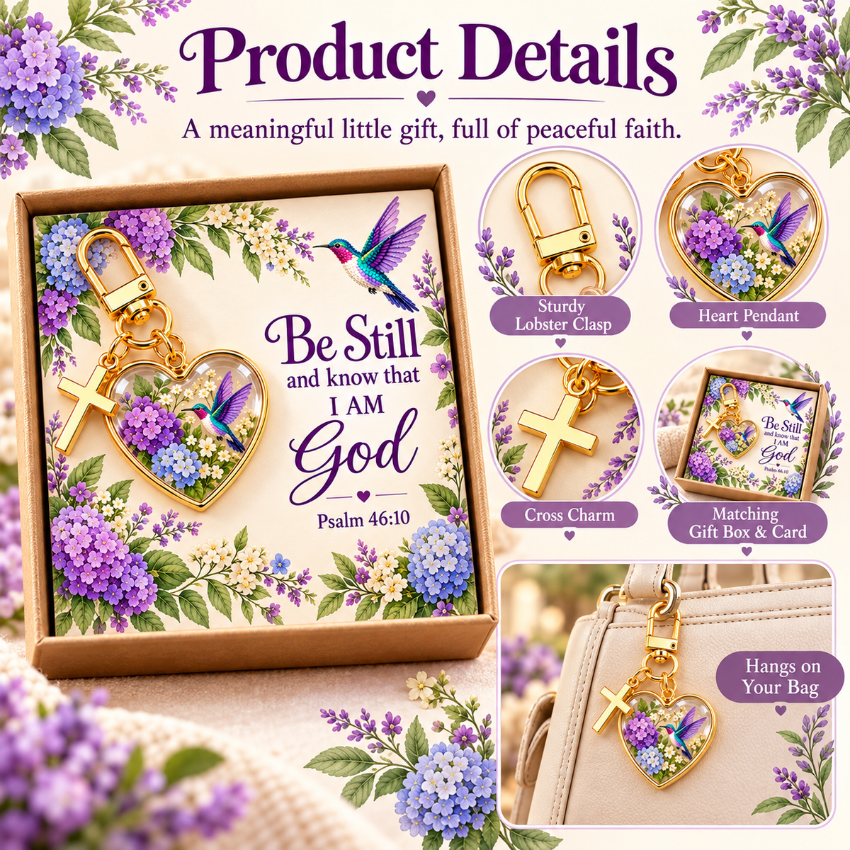 💜✝️ Be Still & Know That I Am God Hummingbird Faith Keychain