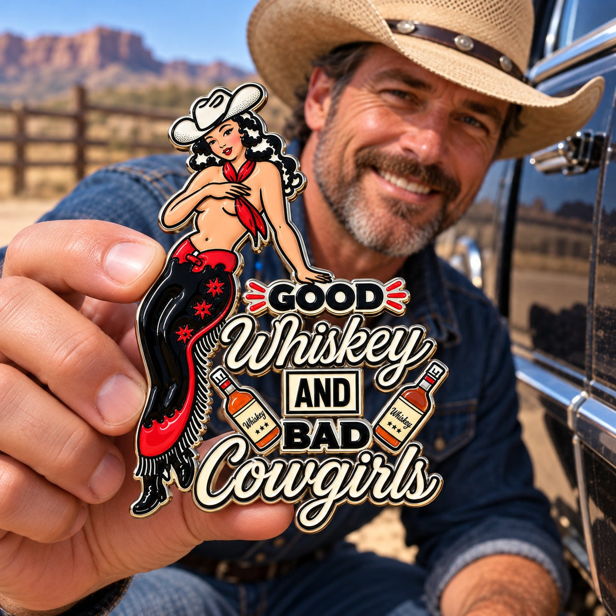 🤠🐎 "Good Whiskey and Bad Cowgirls" Vintage Western Cowgirl Metal Car Emblem
