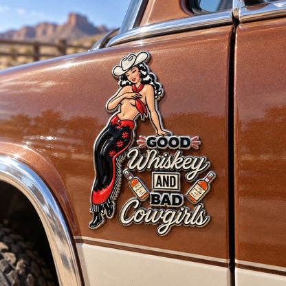 🤠🐎 "Good Whiskey and Bad Cowgirls" Vintage Western Cowgirl Metal Car Emblem