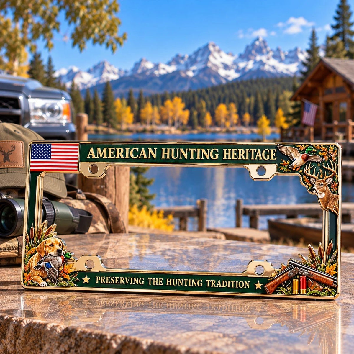 🦌🇺🇸 American Hunting Heritage License Plate Frame – Wildlife & Outdoor Tradition Décor