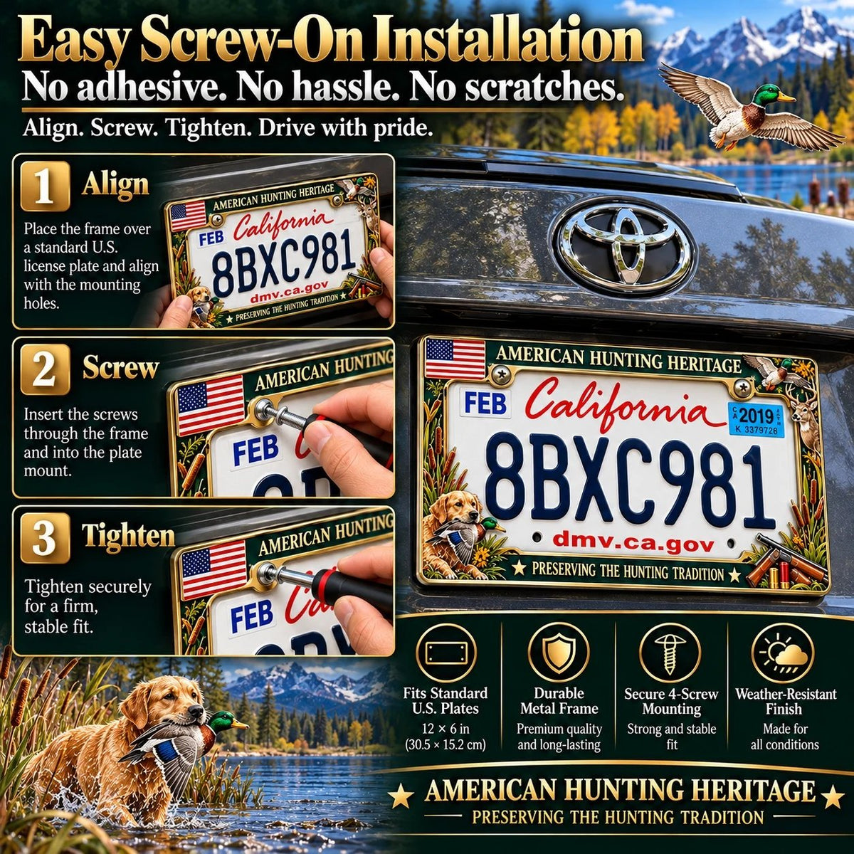 🦌🇺🇸 American Hunting Heritage License Plate Frame – Wildlife & Outdoor Tradition Décor