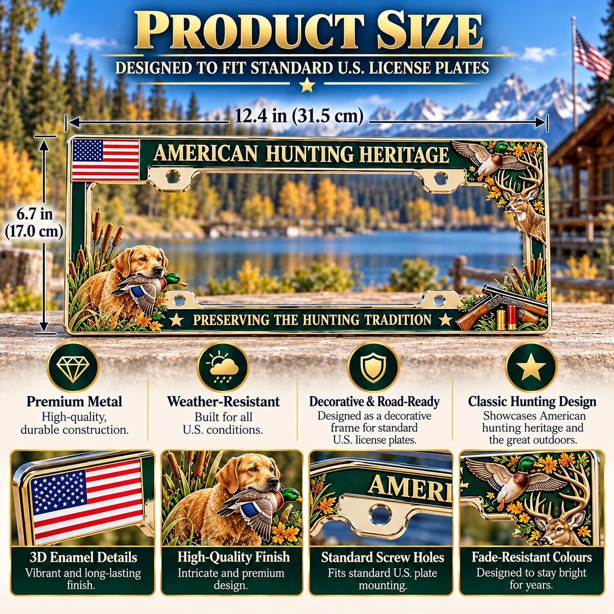 🦌🇺🇸 American Hunting Heritage License Plate Frame – Wildlife & Outdoor Tradition Décor