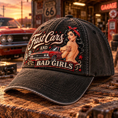 🏁 Fast Cars & Bad Girls Baseball Cap – A Retro Rockabilly Statement