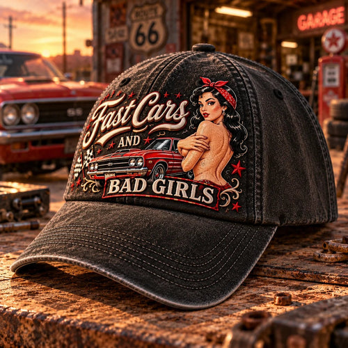 🏁 Fast Cars & Bad Girls Baseball Cap – A Retro Rockabilly Statement