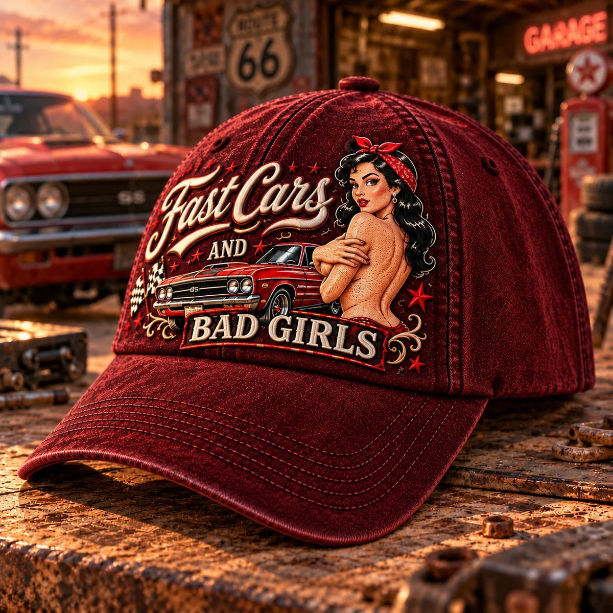 🏁 Fast Cars & Bad Girls Baseball Cap – A Retro Rockabilly Statement