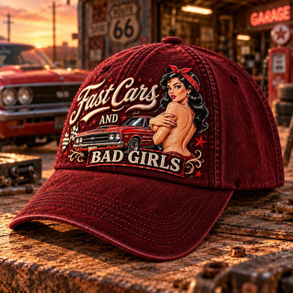 🏁 Fast Cars & Bad Girls Baseball Cap – A Retro Rockabilly Statement
