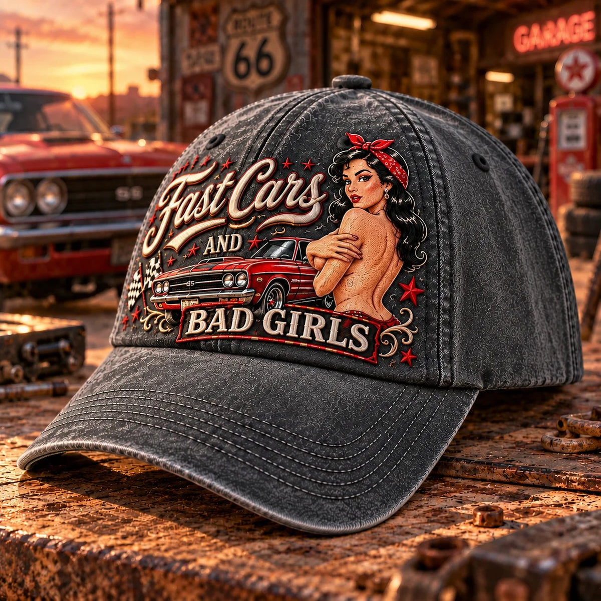 🏁 Fast Cars & Bad Girls Baseball Cap – A Retro Rockabilly Statement