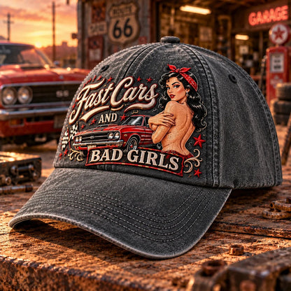 🏁 Fast Cars & Bad Girls Baseball Cap – A Retro Rockabilly Statement