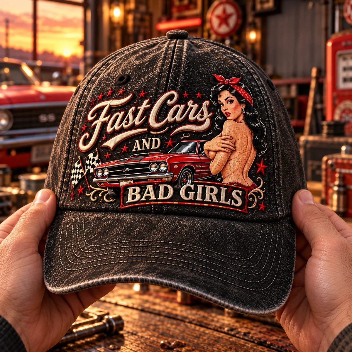 🏁 Fast Cars & Bad Girls Baseball Cap – A Retro Rockabilly Statement