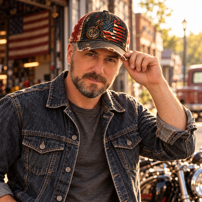 🏍️🇺🇸 American Flag Motorcycle Trucker Hat – Vintage Patriotic Biker Cap