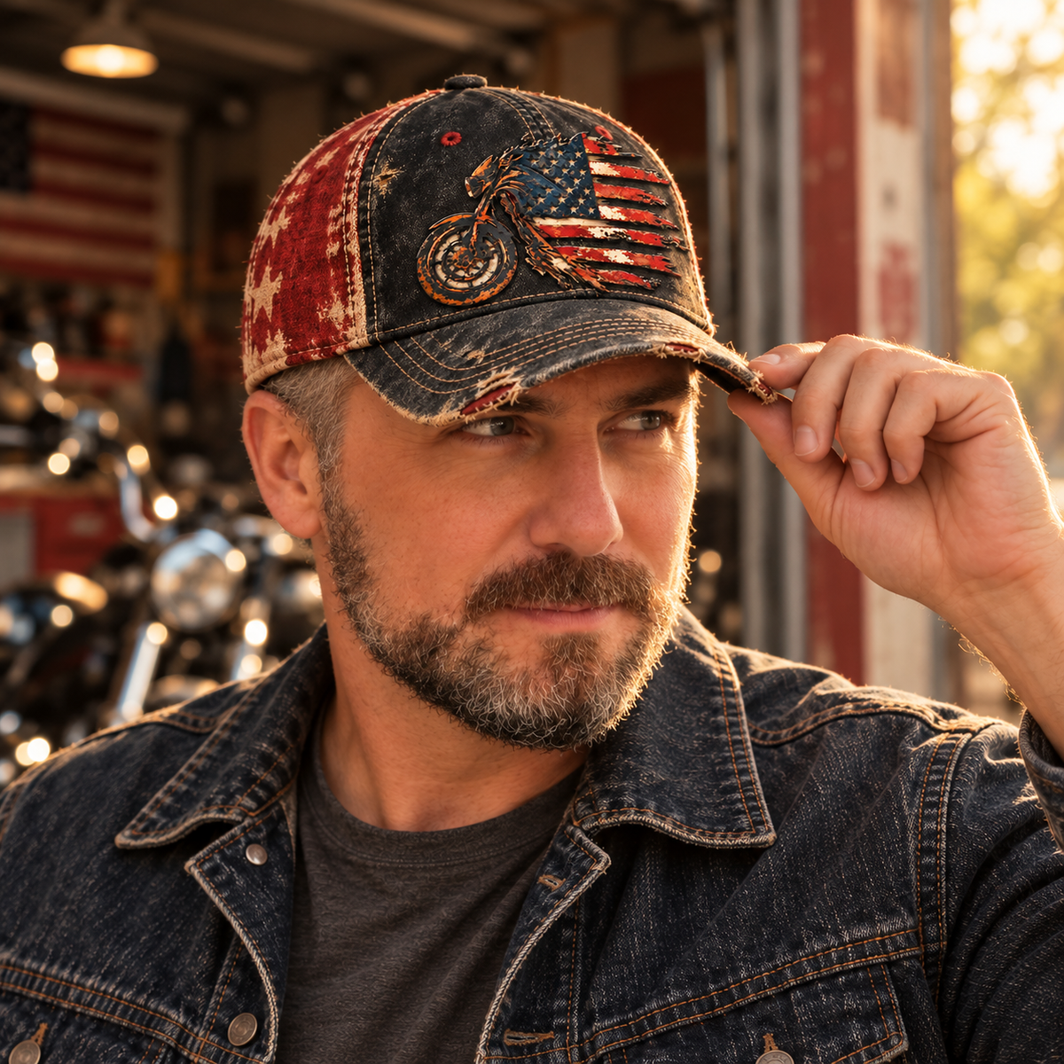 🏍️🇺🇸 American Flag Motorcycle Trucker Hat – Vintage Patriotic Biker Cap