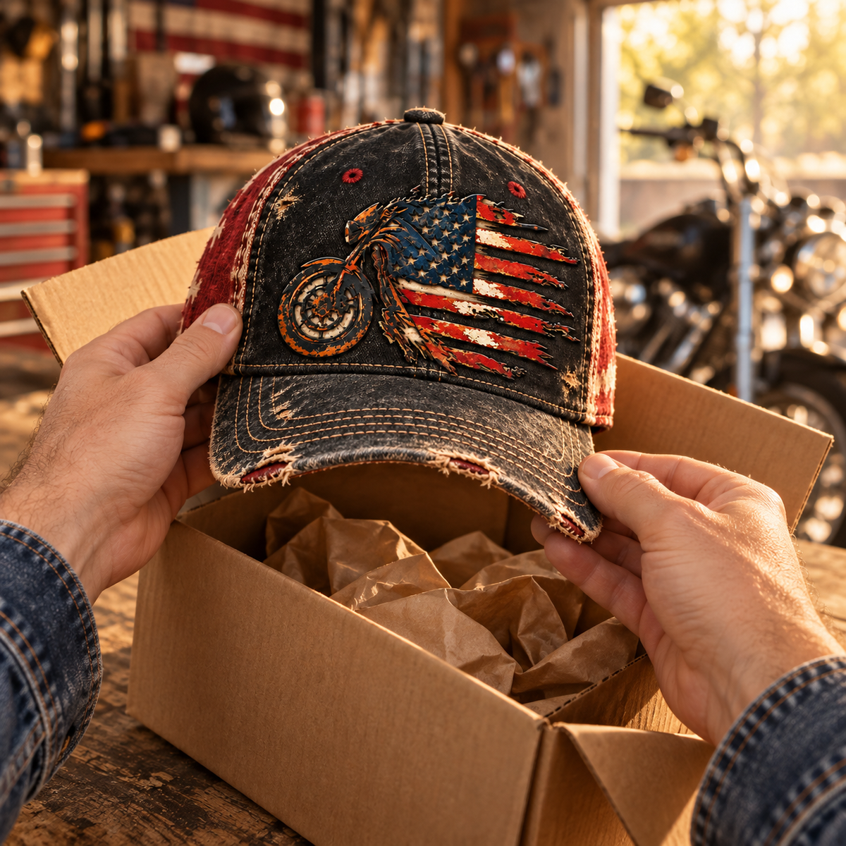 🏍️🇺🇸 American Flag Motorcycle Trucker Hat – Vintage Patriotic Biker Cap