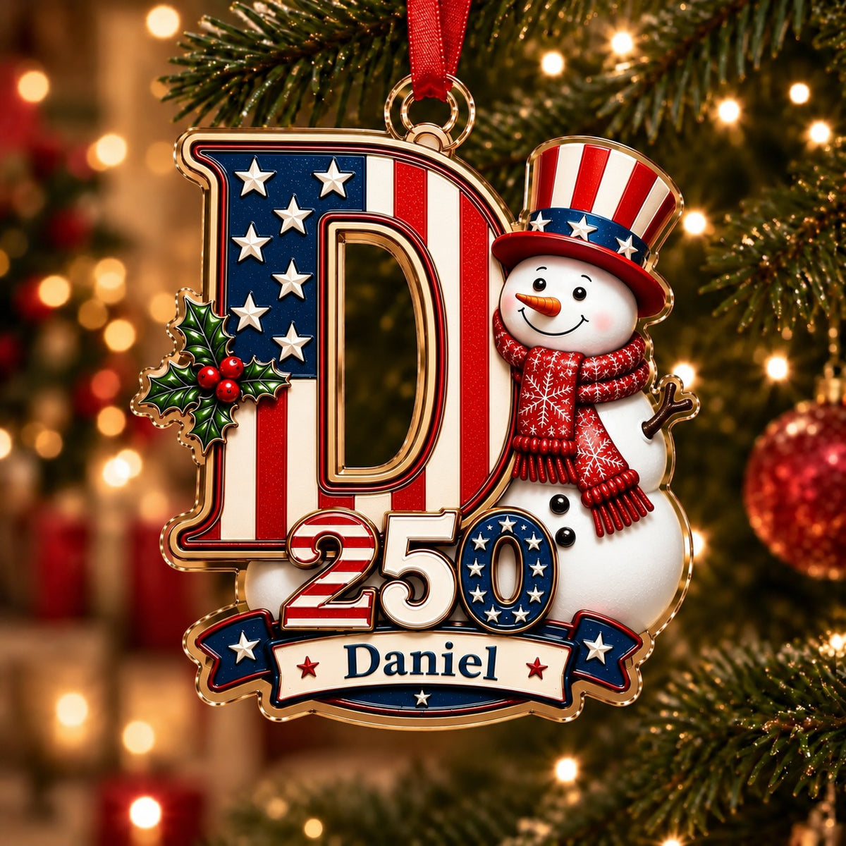 America 250 Personalized Snowman Letter Ornament – Custom Name Christmas Keepsake