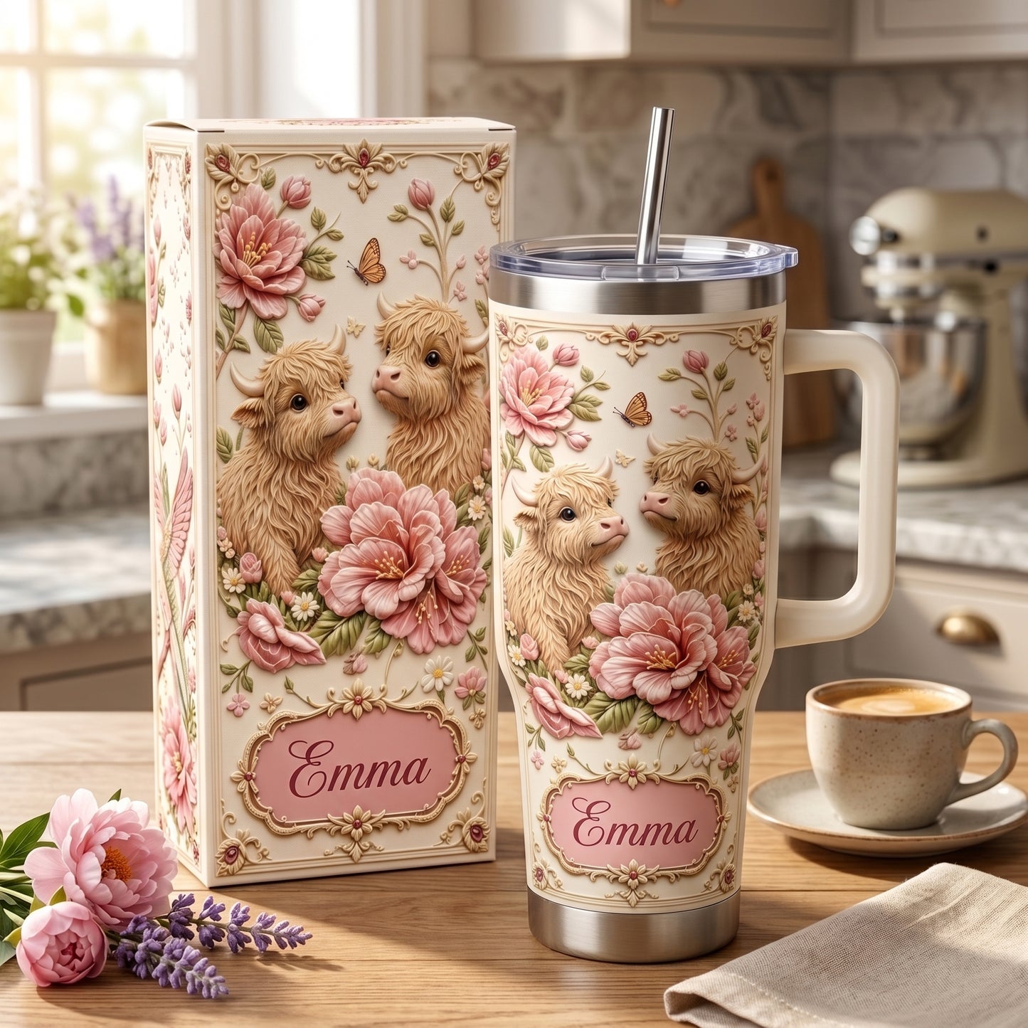 🌺✨ Personalized Highland Cow & Pink Floral Tumbler