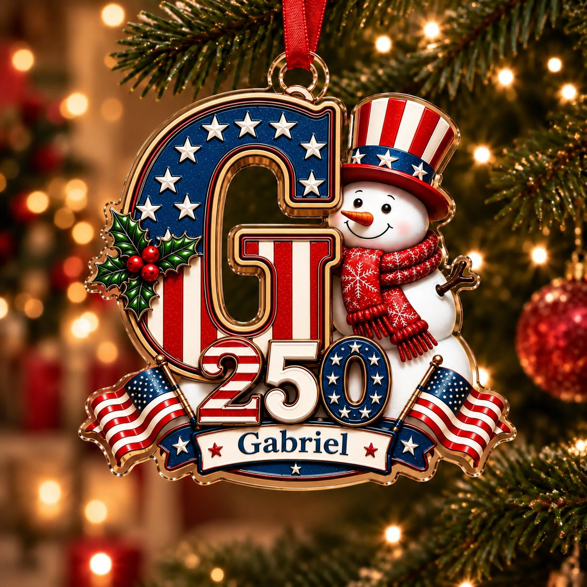 America 250 Personalized Snowman Letter Ornament – Custom Name Christmas Keepsake