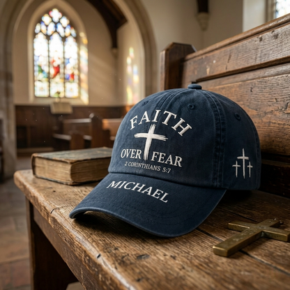 Faith Over Fear Christian Custom Name Hat – 2 Corinthians 5:7