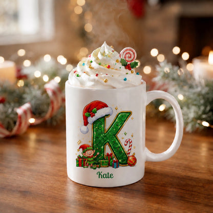 ☕Personalized Christmas Initial Mug – Custom Name Ceramic Coffee Cup (A-Z)