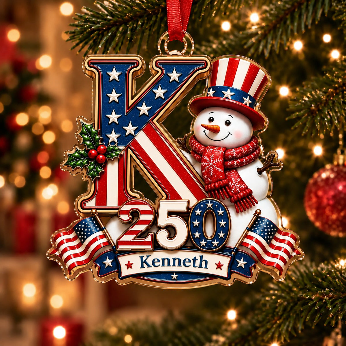 America 250 Personalized Snowman Letter Ornament – Custom Name Christmas Keepsake