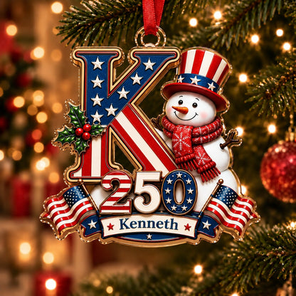 America 250 Personalized Snowman Letter Ornament – Custom Name Christmas Keepsake