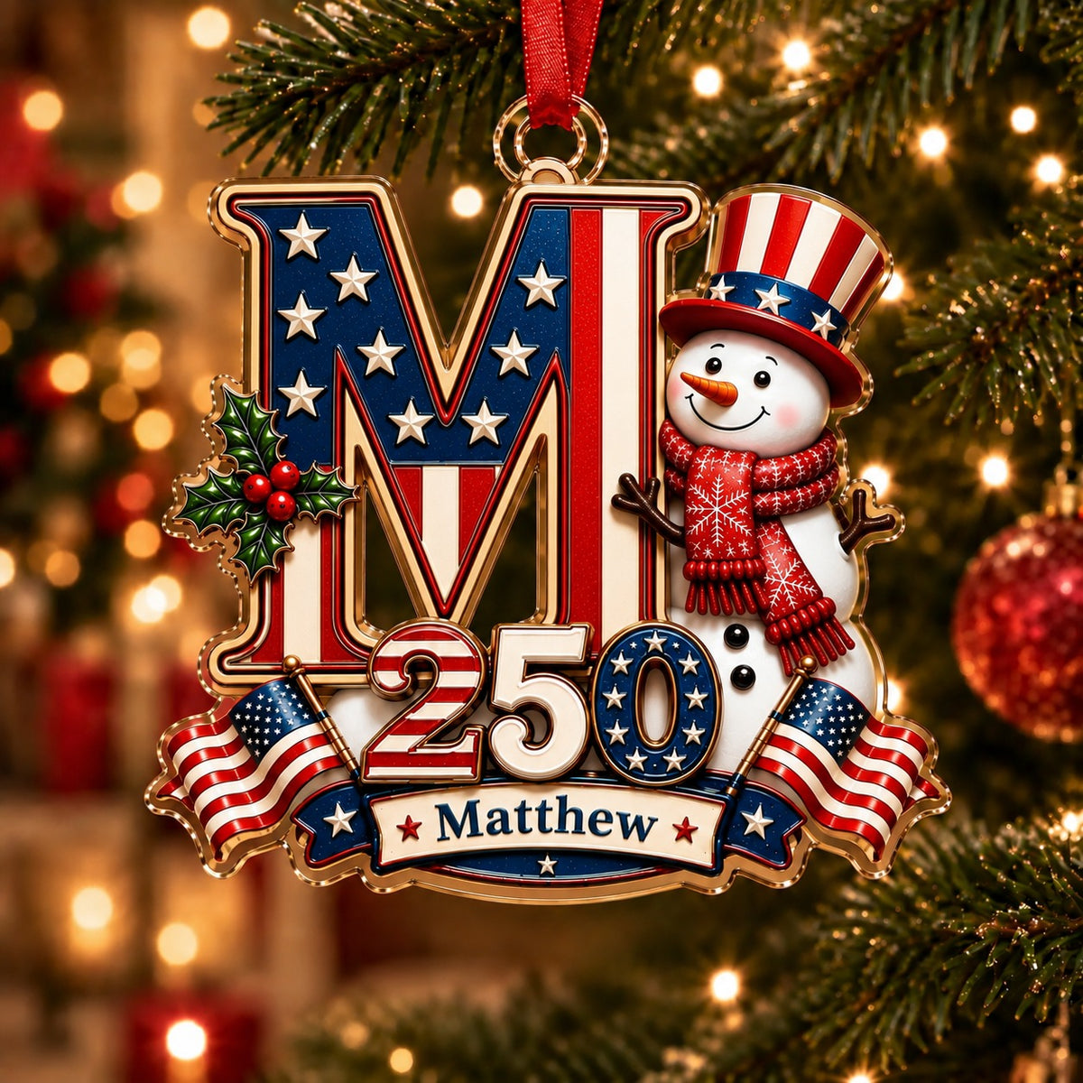 America 250 Personalized Snowman Letter Ornament – Custom Name Christmas Keepsake
