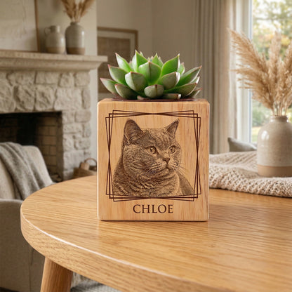 🌸Custom Pet Portrait Planter – Wood Succulent Pot with Photo